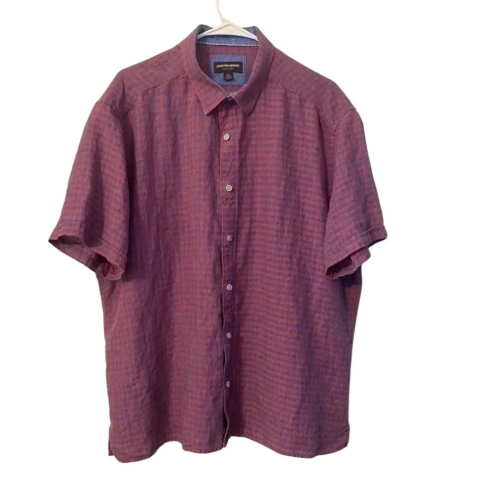 Johnston & Murphy Red & Blue Plaid Linen Short Sleeve Button‎ Up Camp Shirt XXL